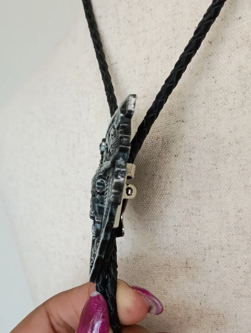 Western Bolo Tie Necklace Ornate Silver Shield Black Cord Vintage Style